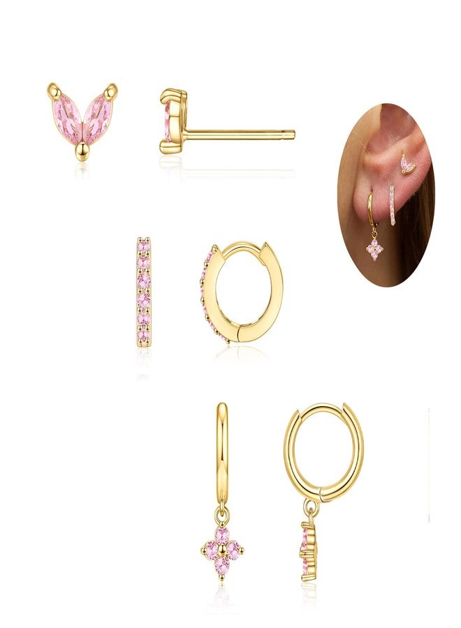 MOZAKA 3 Pairs Dainty Gold Birthstone Earrings Set for Multiple Piercing 14k Gold Plated Hypoallergenic Cartilage Small Hoop Stud Earrings Set for Women Birthday Gifts (OCTOBER Pink Tourmaline) - Image 2